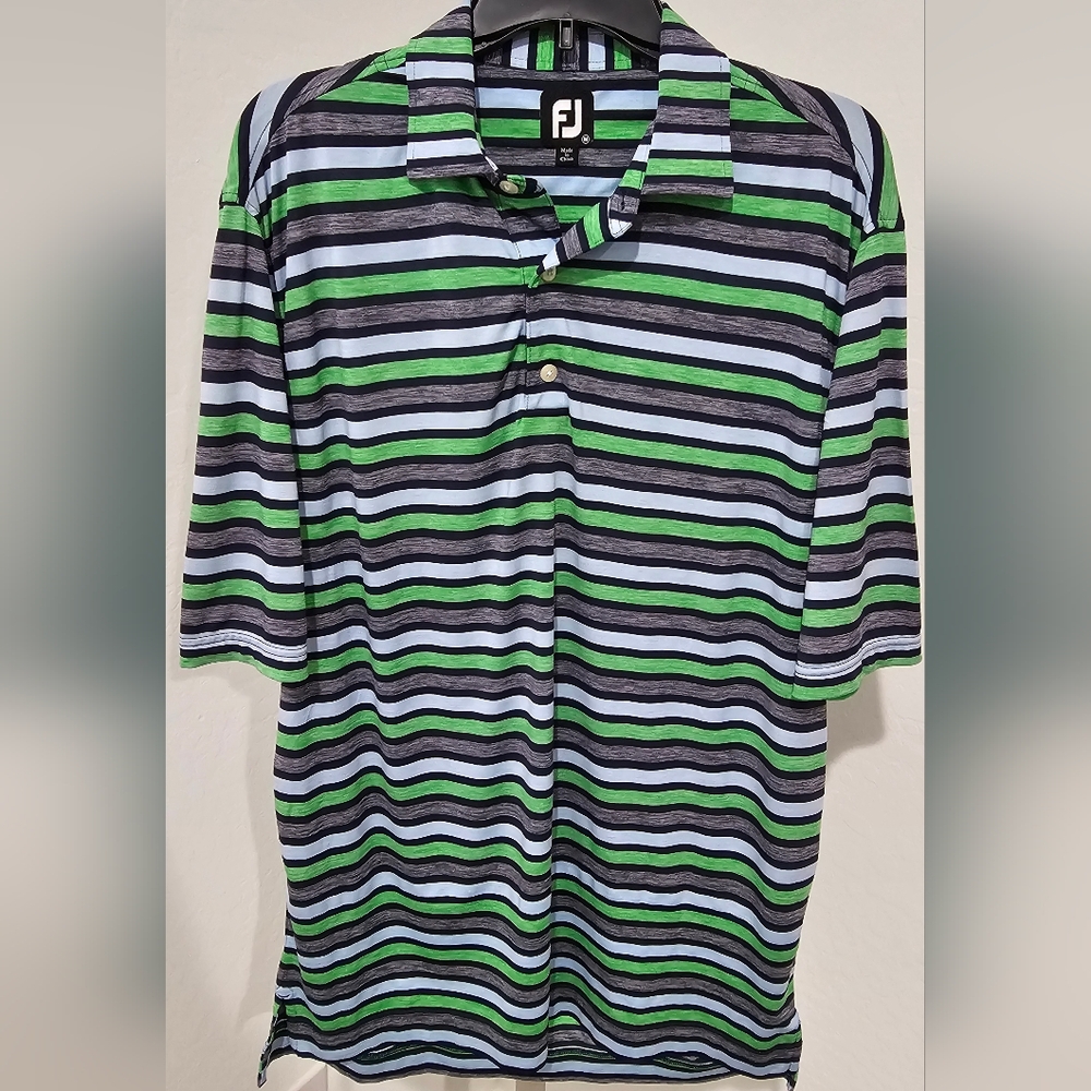 FootJoy FJ Striped Golf Polo in Green, Light Blue & Black
